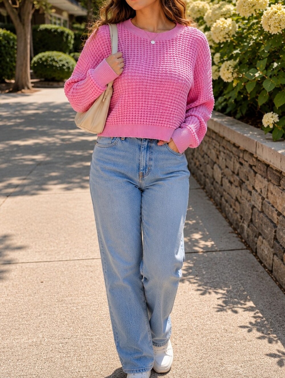 Hollister Pink Waffle Knit Cropped Crewneck Sweater Cotton Blend Casual Feminine